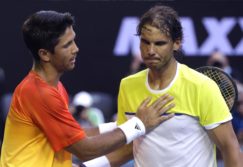 Rafael Nadal, right, of Spain had a quick stay at the Australian Open, losing Tuesday in the first round to a fellow Spaniard, Fernando Verdasco, in five sets. Story, D5.
