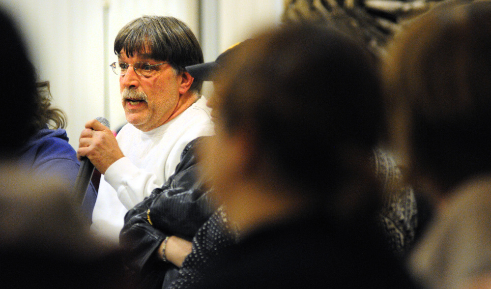 Bill White, who has been a mental health worker for 13 years at the Riverview Psychiatric Center, speaks during Tuesday's meeting at the University of Maine at Augusta.
