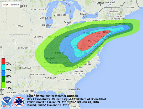 This image provided by the National Weather Service Weather Prediction Center shows an early computer model forecasting the chances of a windy, strong sleet-snow storm hitting the East Coast this weekend. Meteorologists say tens of millions of Americans from Washington to Boston and the Ohio Valley could be walloped
NOAA via AP