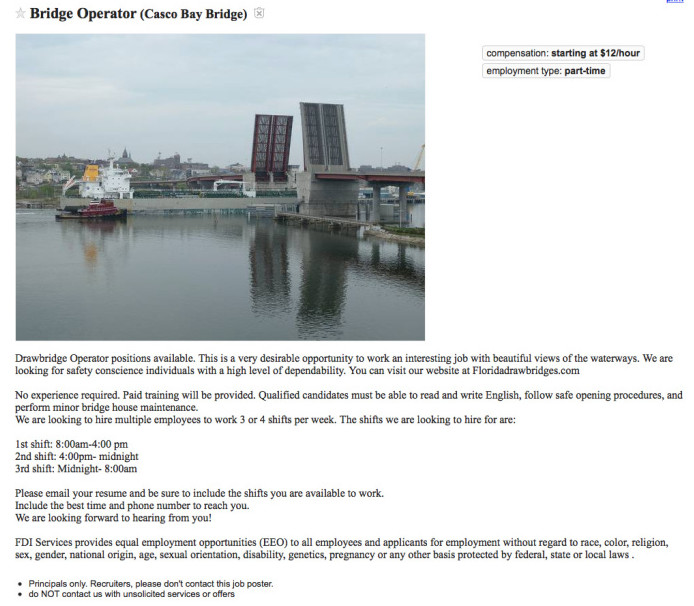 An image of the job posting on Craigslist for bridge operators for the Casco Bay Bridge, whose operation the state has turned over to a private Florida company.