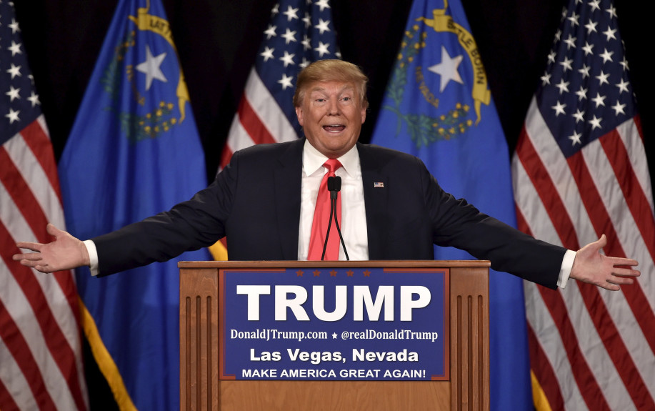 Republican presidential candidate and businessman Donald Trump speaks at a campaign rally in Las Vegas, Nevada in January.