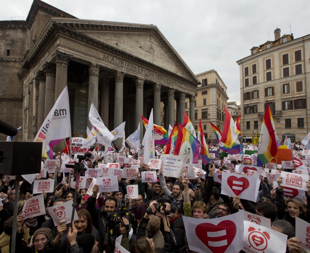 Despite Catholic opposition, activists demonstrate Saturday in Rome in favor of rights for gay couples prior to a pending debate on the subject in the Italian parliament Thursday.