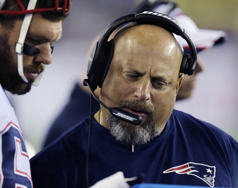 Dave DeGuglielmo spent two seasons as New England’s offensive line coach, but was reportedly fired Monday after the Patriots’ 20-18 loss in the AFC championship game.