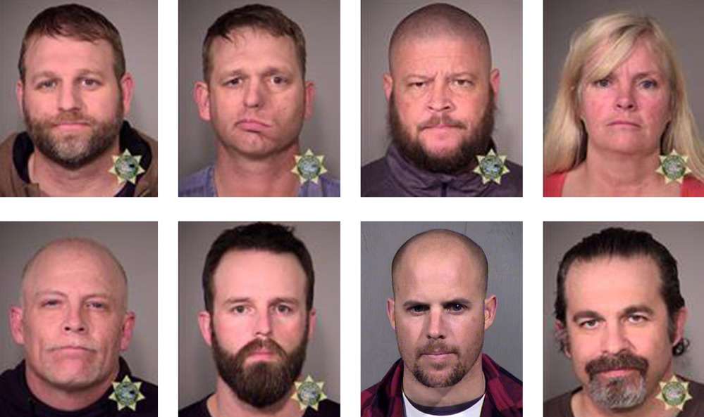 Occupiers arrested Tuesday are, top row from left, Ammon Bundy, Ryan Bundy, Brian Cavalier and Shawna Cox and, bottom row from left, Joseph Donald O’Shaughnessy, Ryan Payne, Jon Eric Ritzheimer and Peter Santilli.