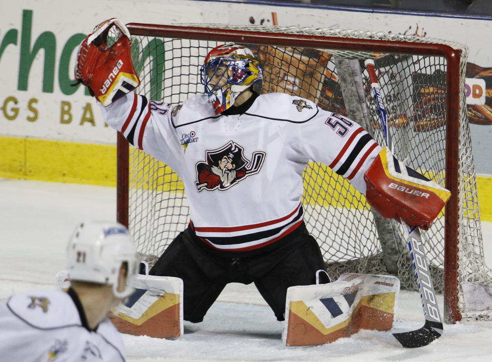 Portland Pirates’ goalie Mike McKenna, making a save during the second period of their game against the Springfield Falconson Dec. 16, has been named to the AHL All-Star team.