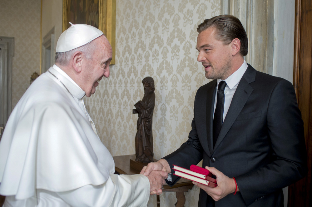 Pope Francis meets with actor Leonardo DiCaprio during an audience in the pontiff’s private studio at the Vatican,