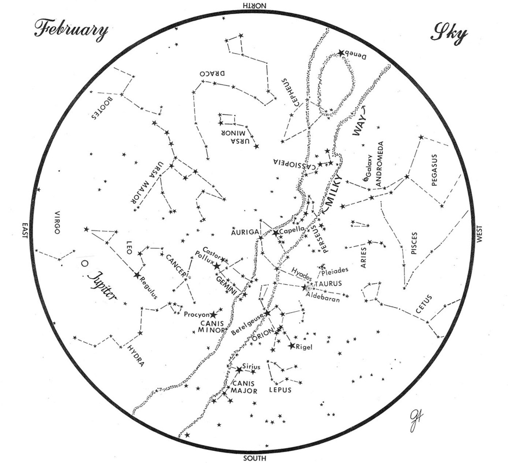 SKY GUIDE: This chart represents the sky as it appears over Maine in February. The stars are shown as they appear at 9:30 p.m. early in the month, 8:30 p.m. at midmonth and 7:30 p.m. at month’s end. Jupiter is in its midmonth position. To use the map, hold it vertically and turn it so the direction you are facing is at the bottom.