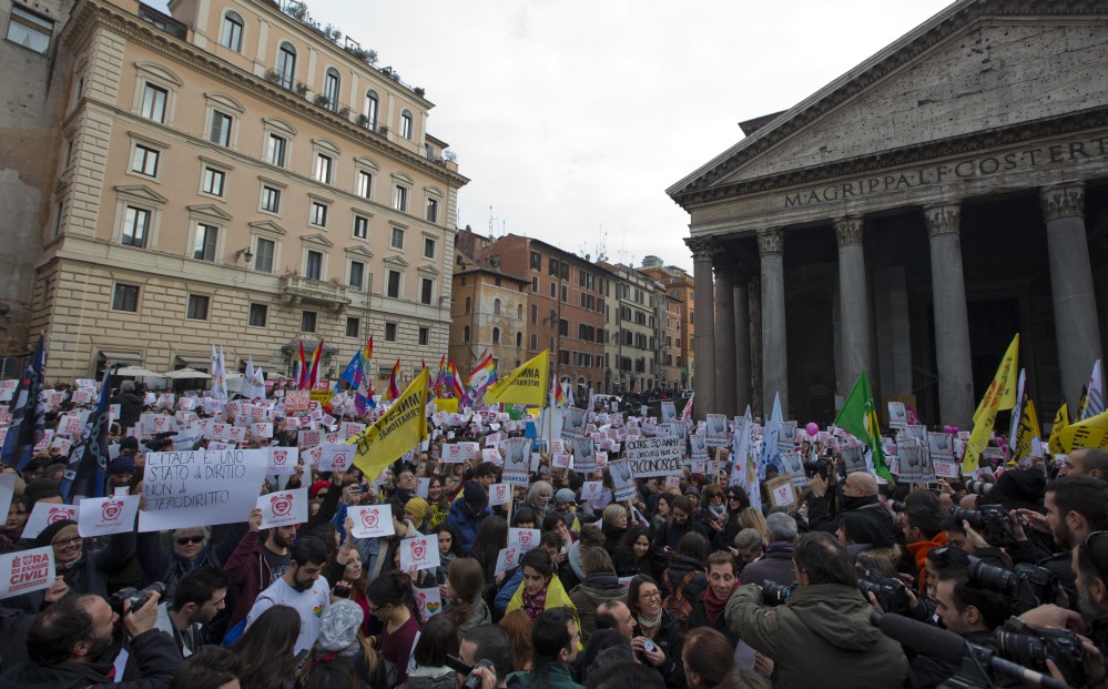 Activists in Rome demonstrate on Saturday in favor of rights for gay couples prior to a debate opening in the Italian parliament on a new civil unions bill. Italy is the last country in Western Europe without rights for same-sex couples.