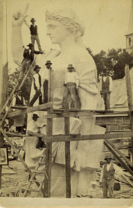 Stonecutters in Hallowell, many of them Italian immigrants, carve a statue in 1877 that was part of the National Monument to the Forefathers in Plymouth, Mass. Photo courtesy Maine Historical Society