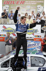 Sean Caisse celebrates his victory in the NASCAR Busch East auto race at Dover International Speedway in Dover, Del., in September 2007. Photogenic and well-spoken, Caisse was a natural in the racing world, his mother said.