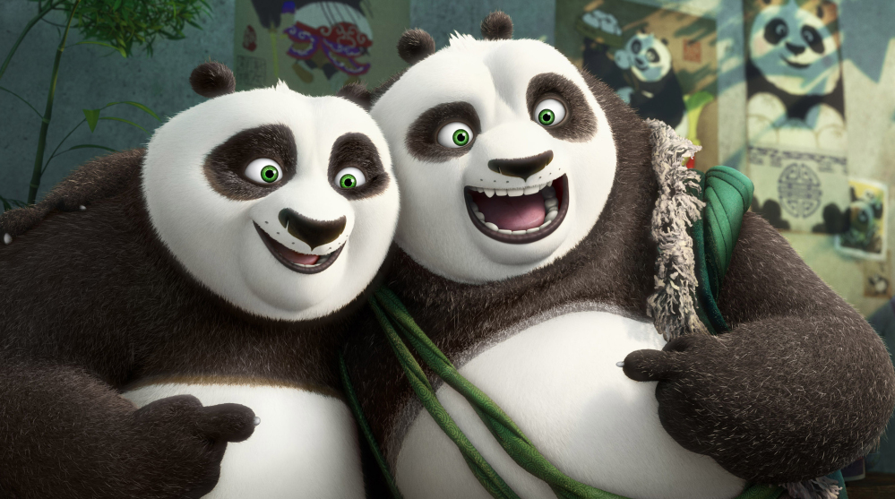 Po, left, voiced by Jack Black, and his panda father Li, voiced by Bryan Cranston, in a scene from “Kung Fu Panda 3.”