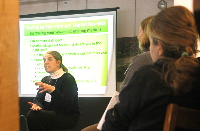 Heather Donahue of Balfour Farm in Pittsfield speaks during a session titled “Scaling Up Your Farmers’ Market Business” at the Maine Farmers’ Market Convention at Maple Hill Farm Inn and Conference Center in Hallowell on Sunday.