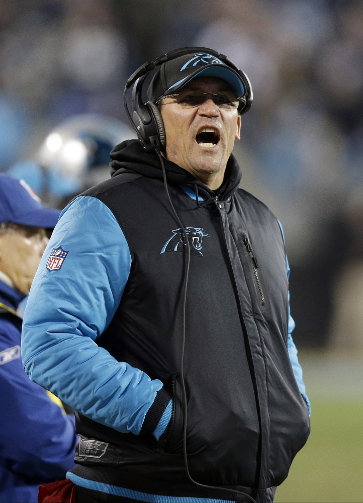 Carolina Panthers head coach Ron Rivera yells during the second half the NFL football NFC championship game against the Arizona Cardinals on Jan. 24 in Charlotte, N.C. 
The Associated Press