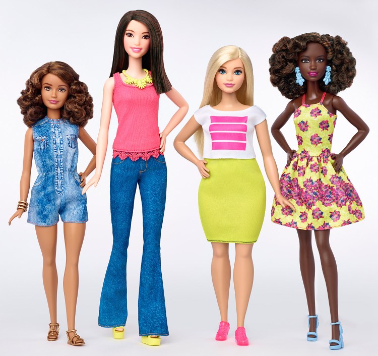 This photo provided by Mattel shows a group of new Barbie dolls introduced in January 2016. Mattel, the maker of the famous plastic doll, said it will start selling Barbie’s in three new body types: tall, curvy and petite. She’ll also come in seven skin tones, 22 eye colors and 24 hairstyles. The Associated Press