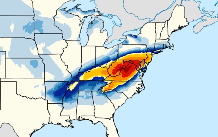 This image provided by National Oceanic and Atmospheric Administration's shows a computer model forecasting the chances of a snow storm hitting the East Coast this weekend, Jan. 22-23, 2016. Snow up to two feet, was forecast for areas west and southwest of the Washington, with Washington possibly getting 15 to 20 inches, Philadelphia could see 12 to 18, and New York City and Long Island could see 8 to 10,  