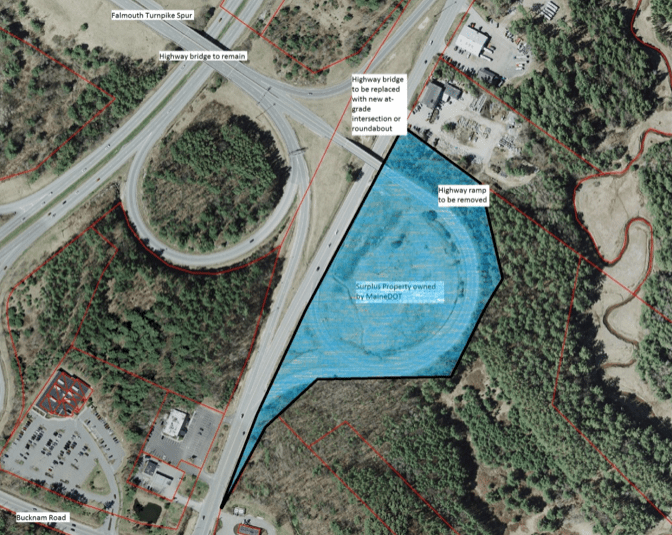 The parcel that Falmouth would give to a developer to redevelop is highlighted in blue.