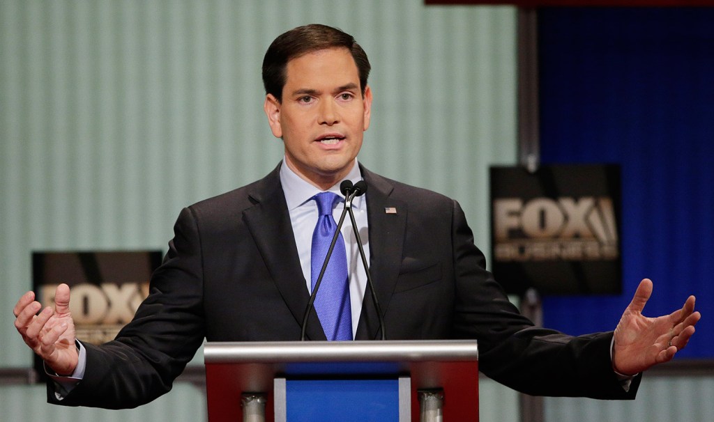 Sen. Marco Rubio of Florida speaks during the Fox Business Network debate Thursday night in North Charleston, S.C. Rubio and New Jersey Gov. Chris Christie tried to cast the other as too liberal and too friendly to President Obama's priorities.
The Associated Press