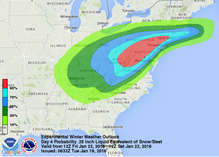 This image provided by National Oceanic and Atmospheric Administration's (NOAA) National Weather Service Weather Prediction Center shows an early computer model forecasting the chances of a windy, strong sleet-snow storm hitting the East Coast this weekend. NOAA via AP