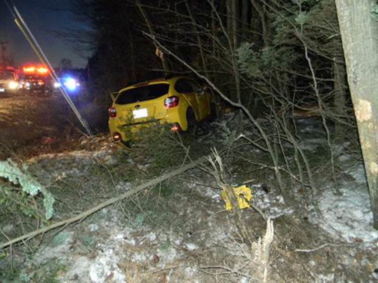 Police said Susan Jensen, 59, of Limington, was killed when the 2015 Subaru XV Crosstrek she was driving hit a utility pole on Route 25  in Standish on Monday morning. . Photo courtesy of Cumberland County Sheriff's Office.
