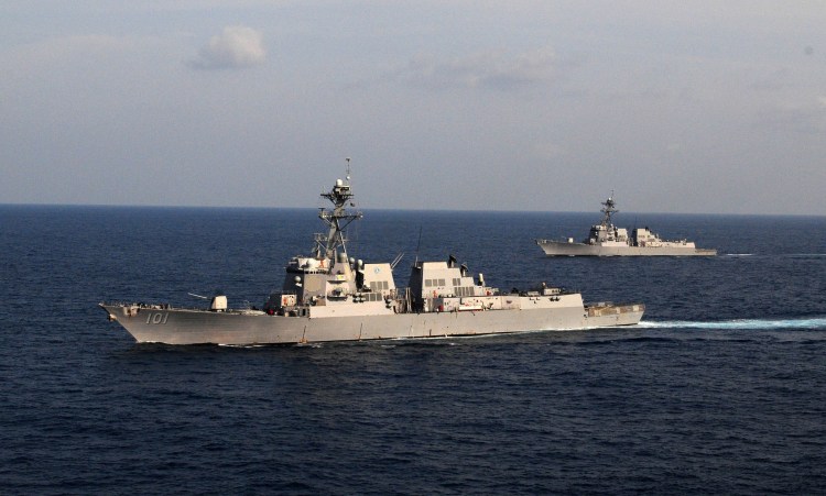 The USS Stockdale, right, seen with the USS Gridley, will be the first U.S. Navy ship to run on biofuels.
