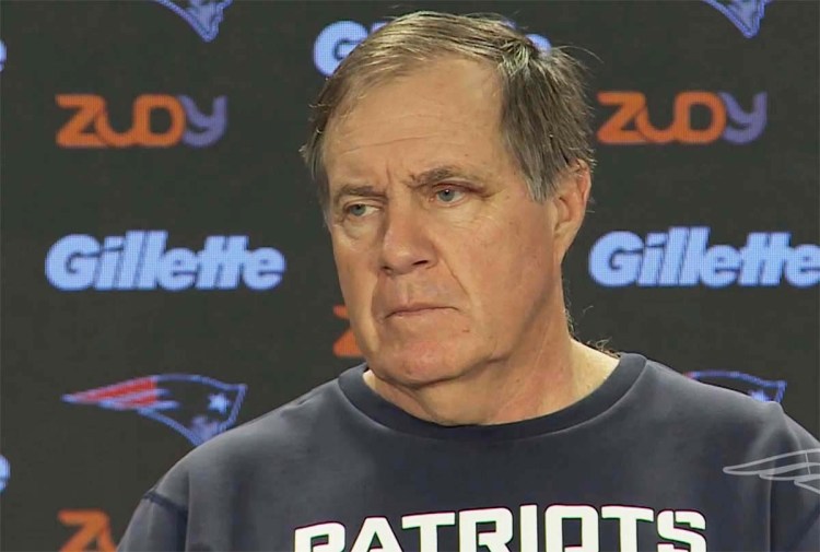 Patriots coach Bill Belichick, as he appeared at a news conference in Foxborough Tuesday. The image is from a video posted on the Patriots.com website