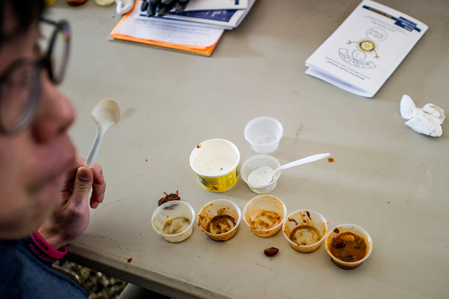 SOUTH PORTLAND, ME - JANUARY 30: Fabian Yue (cq), of Hong Kong, an exchange student at South Portland high school, takes a break while sampling a variety of chilis at the chili/chowder cookoff at the Wainwright Recreation Complex Saturday, January 30, 2016. (Photo by Gabe Souza/Staff Photographer)