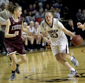 Gorham's Emily Esposito drives up court as Edward Little's Jade Perry moves in on defense during the Class AA State Championship game Saturday, February 27, 2016.