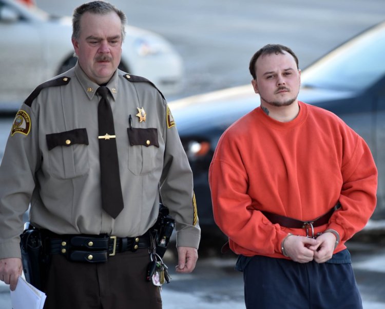 Jason Cote is escorted in to the Somerset County Superior Court in Skowhegan for sentencing Friday. Cote, of Palmyra, was convicted in December for murdering Ricky Cole in July 2013 in Detroit.  
