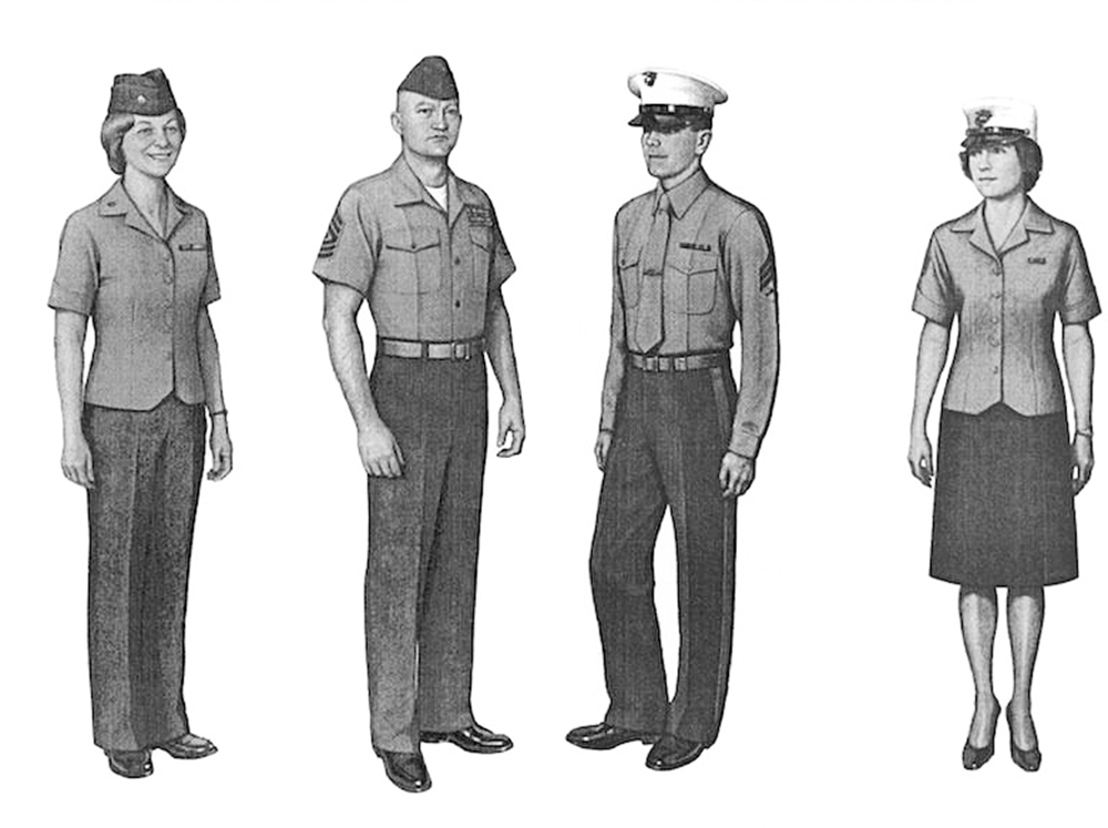 This image of standard-issue Marine uniforms is posted on U.S. Rep. Chellie Pingree's website with a caption that says: "For a tattoo below the neck, male Marines can receive a waiver because their uniforms cover the area, but the uniforms of female Marines do not."
