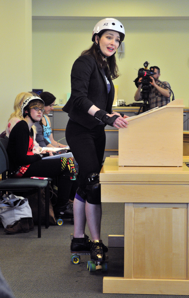 Heather “Hard Dash” Steeves testifies in favor of making it easier to expand the sport of roller derby, during a hearing Tuesday before a legislative committee in Augusta.