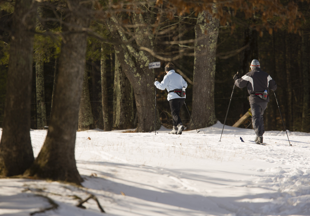 Jane and Rich Lisauskas of Kennebunk cross-country ski along the Buzzell Trail at Harris Farm in Dayton on Jan. 26.