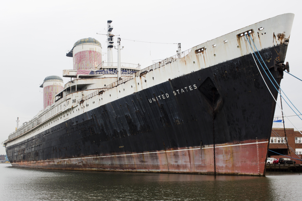 The SS United States sits at its mooring in South Philadelphia, where it has been docked since 1996. The ship could carry 2,000 passengers when it first sailed in 1952.