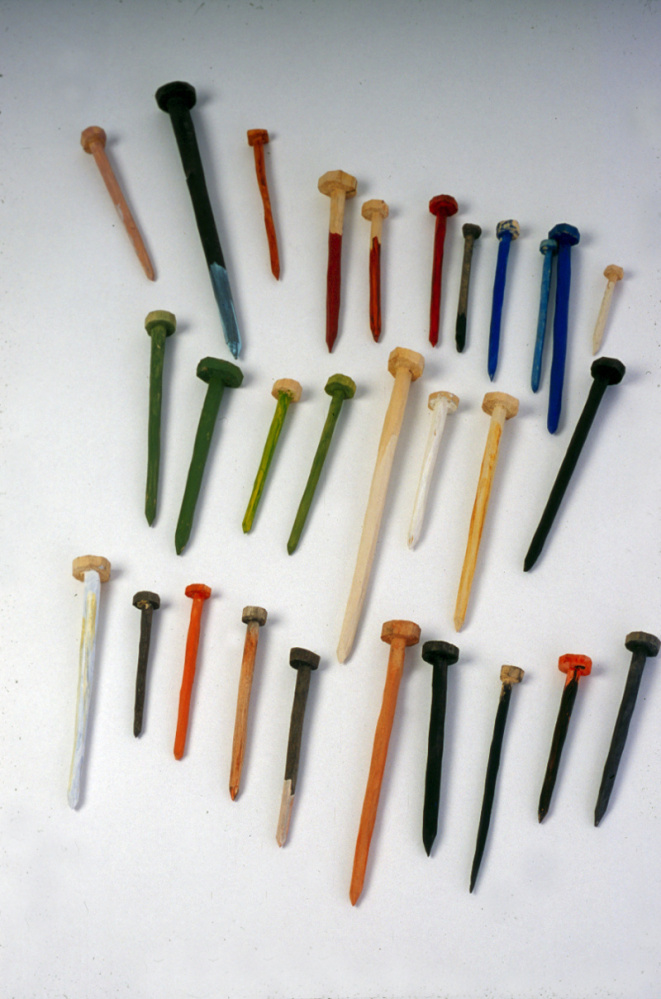 Colored Test (29 nails), 1998, carved and painted wood.
Collection of Katherine Bradford, New York