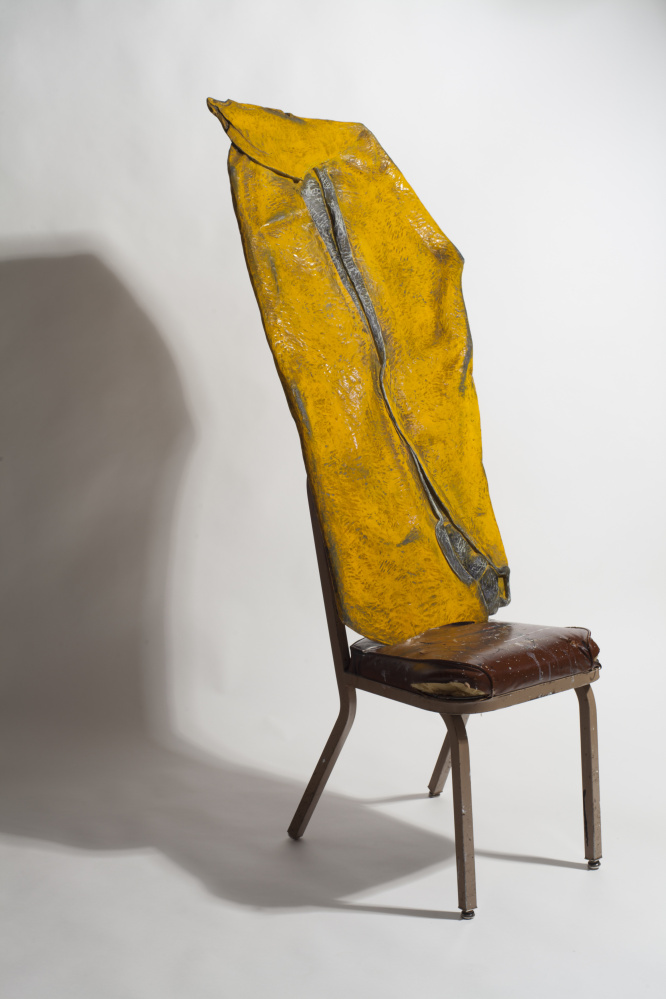 Yellow Smashup, 2013, carved and painted wood with chair.
Courtesy Duncan Hewitt