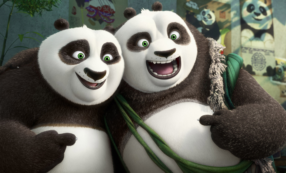 Po, voiced by Jack Black, left, and his long-lost panda father, Li, voiced by Bryan Cranston, in a scene from “Kung Fu Panda 3.” 