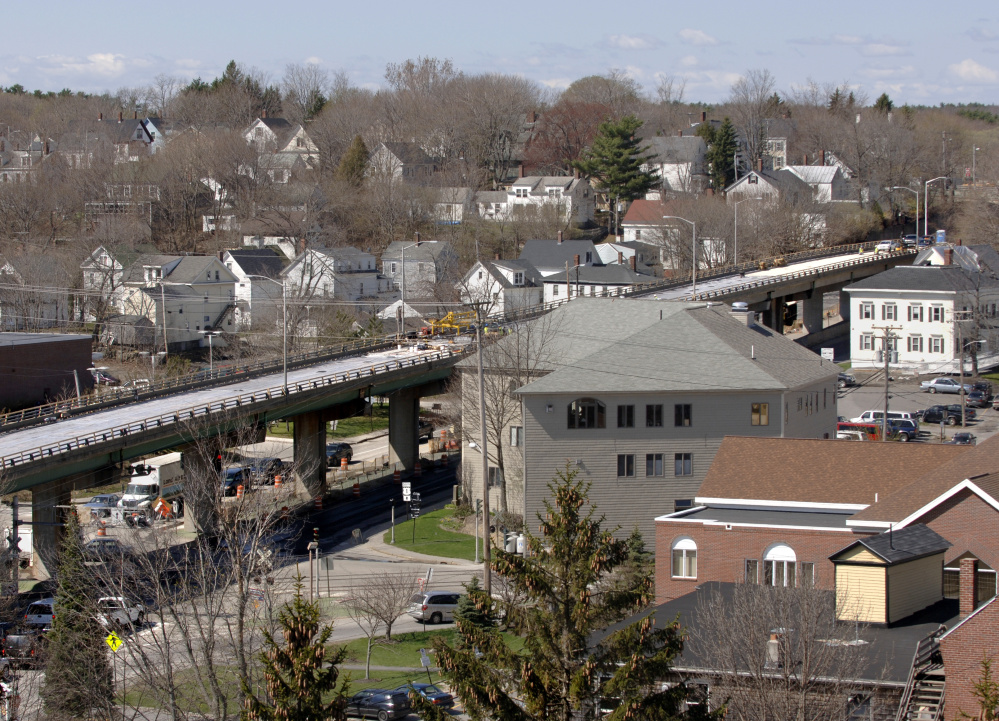 The Bath Viaduct on Route 1 will be replaced because of its worn supporting piers and roadway at a cost of $15 million. It will be rebuilt in place and look much the same as it does now.