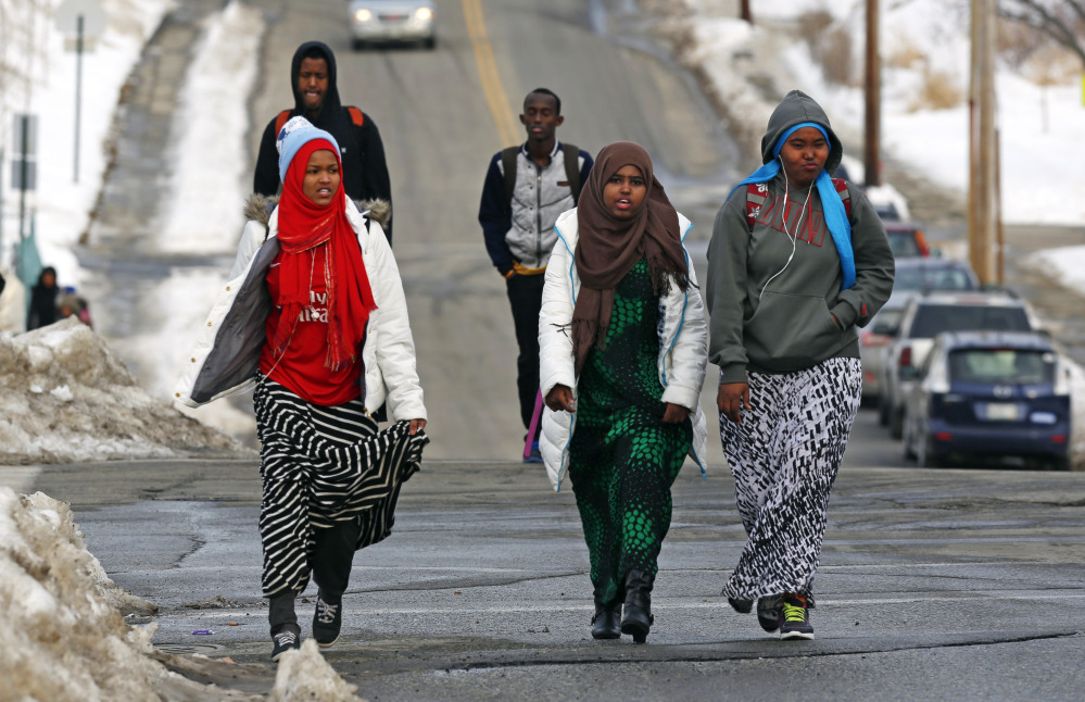 Students walk home from school in Lewiston. Since February 2000, more than 5,000 Africans have come to Lewiston, a city of 36,500. Fifteen years later, though, Somali shops, restaurants and mosques serve as an example of how far the city of Lewiston has come.