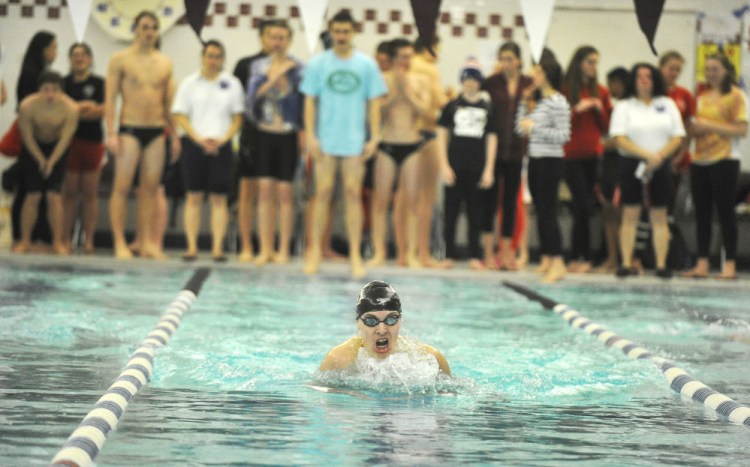 Sam Loring of Cape Elizabeth won both the 100-yard breast stroke and the 200 individual medley to help the Capers win the North Southwestern Swimming and Diving Championships on Monday at Cape Elizabeth. Only three of the eight participating schools competed at the meet because of Monday’s snowstorm.