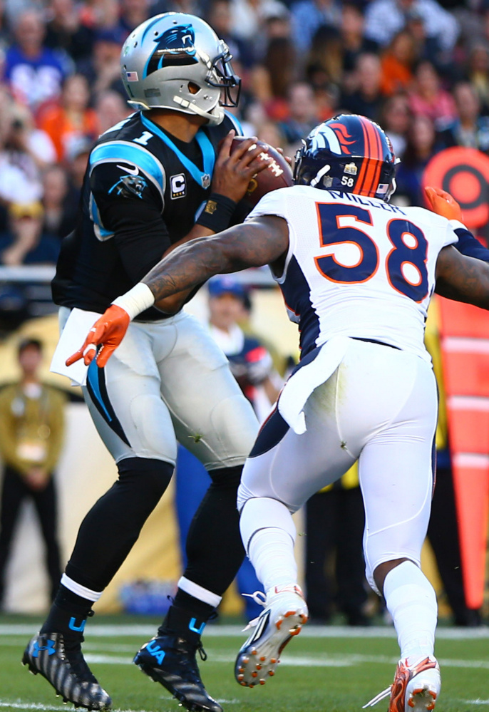 Broncos linebacker Von Miller, right, was called the best player on the planet by Denver General Manager John Elway. Panthers quarterback Cam Newton may agree; Miller forced him to fumble twice in Super Bowl 50.