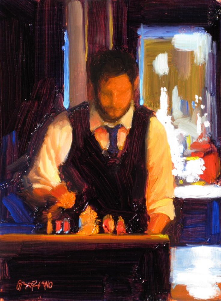 “Bartender,” from Dan Graziano's latest work , is an oil on panel painting in a series inspired by Portland's food scene.