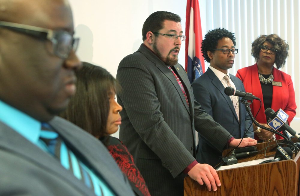 Ferguson Mayor James Knowles talks at a press conference Wednesday about revisions to the city’s agreement with the U.S. Department of Justice to improve the way police and courts treat poor people and minorities. The Justice Department sued the city Wednesday over the revisions.
