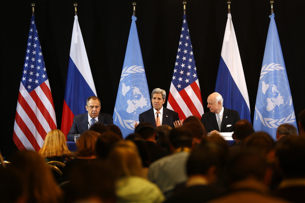 U.S. Secretary of State John Kerry, center, Russian Foreign Minister Sergey Lavrov, left, and UN Special Envoy for Syria Staffan de Mistura, right, attend a news conference after the International Syria Support Group meeting in Munich early Friday. Kerry said diplomats have agreed to try to start a cease-fire in Syria by next week.