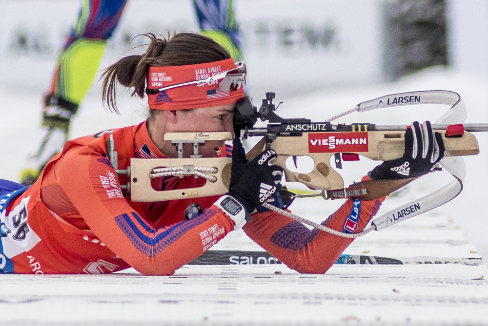 In another segment of the competition, Egan shoots during the women’s 7.5-kilometer sprint. She finished 32nd Thursday and qualified for Friday’s 10K pursuit.