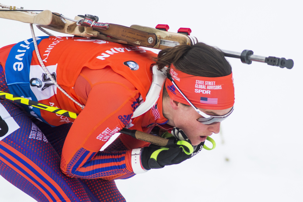 Clare Egan of Cape Elizabeth tucks her skis in close Thursday as she glides downhill on her second lap in the women’s 7.5-kilometer sprint at the World Cup Biathlon.
