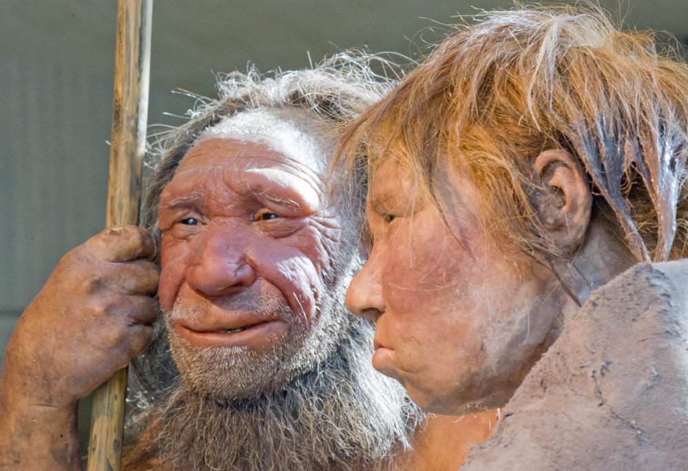 Photo shows reconstructions of a Neanderthal man, left, and woman at the Neanderthal museum in Mettmann, Germany. A study in the journal Science says a person’s risk of becoming depressed or hooked on smoking may be influenced by Neanderthal DNA.