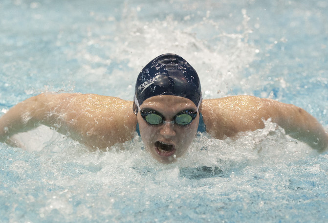 Caitlin Tycz of Brunswick High competes in the 200-yard individual medley during the Class A girls swim championships at the University of Maine in Orono on Saturday. Tycz won two individual events and anchored the Dragons to two relay victories as Brunswick took the team title.
Kevin Bennett Photo