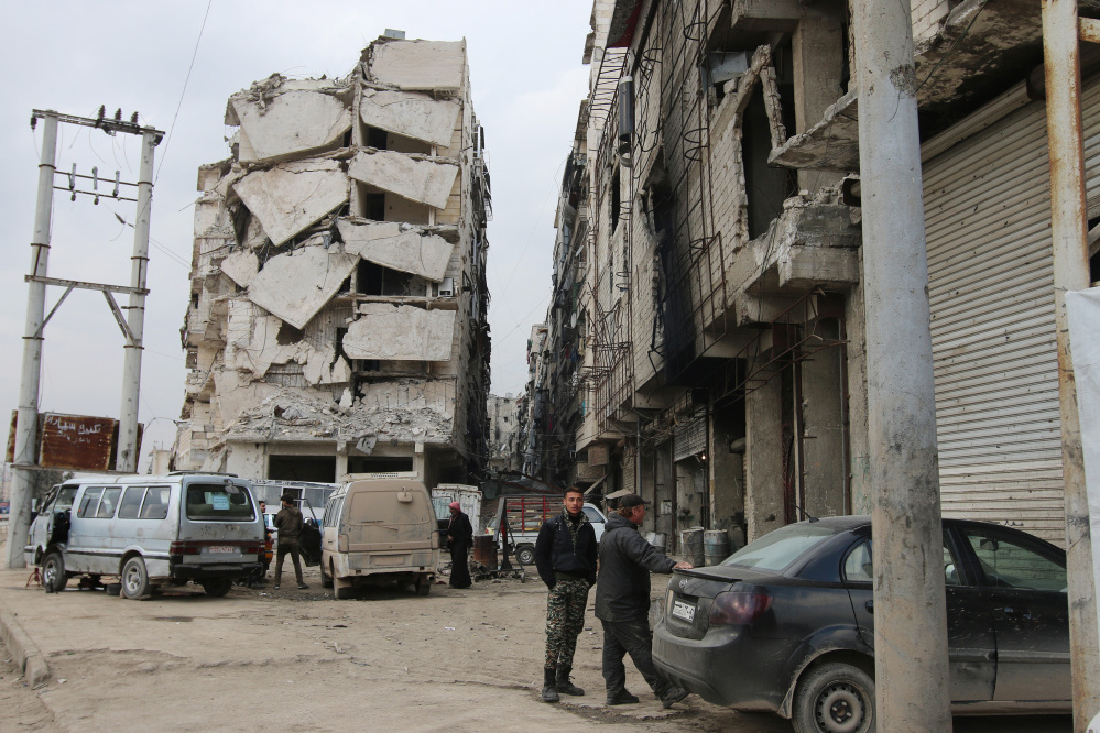 A heavily damaged building in shown in Aleppo, Syria.