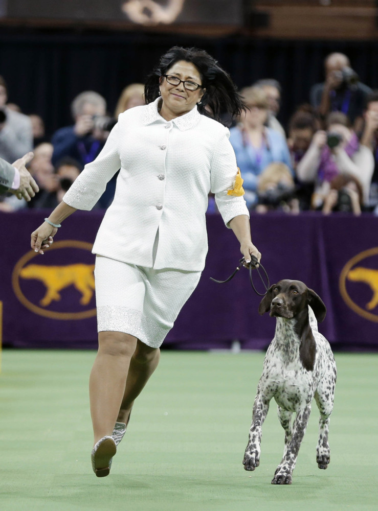 CJ, a German shorthaired pointer, and Valerie Nunes-Atkinson react after winning the sporting group competition during the 140th Westminster Kennel Club dog show, Tuesday, Feb. 16, 2016, at Madison Square Garden in New York. (AP Photo/Seth Wenig)