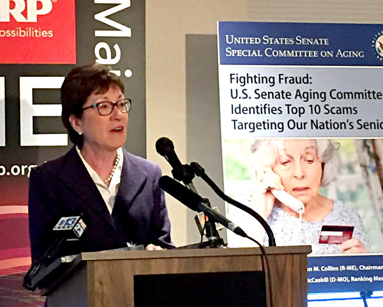 U.S. Sen. Susan Collins speaks Wednesday at an event in Portland about efforts to prevent scammers from targeting elderly residents. Collins, chair of the Senate Special Committee on Aging, said that she has seen a high level of sophistication among scammers, and that Maine, because of its aging population, is particularly vulnerable.