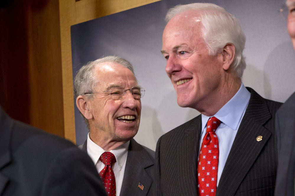 Senate Judiciary Committee Chairman Sen. Charles Grassley, R-Iowa, left, has a wait-and-see attitude about a forthcoming nominee for the Supreme Court, while John Cornyn of Texas is not ruling out a confirmation hearing.